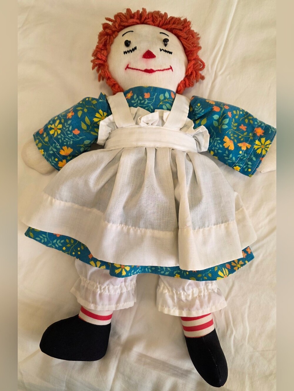 Vintage 1970s Handmade Raggedy Ann Doll Folk Art Cloth Doll Red Yarn Hair